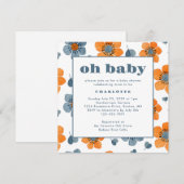 Invitation Oh Baby Retro Floral Orange Baby shower bleu (Devant / Derrière)