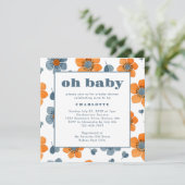 Invitation Oh Baby Retro Floral Orange Baby shower bleu (Debout devant)