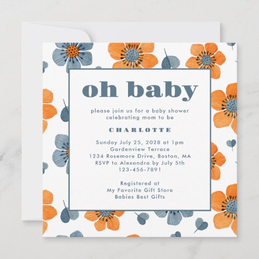 Invitation Oh Baby Retro Floral Orange Baby shower bleu (Devant)