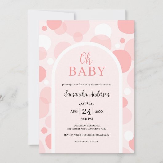 Invitation Oh Baby rose arche Pois Baby shower fille (Devant)