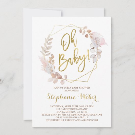 Invitation Oh Baby rougit et baby shower or (Devant)