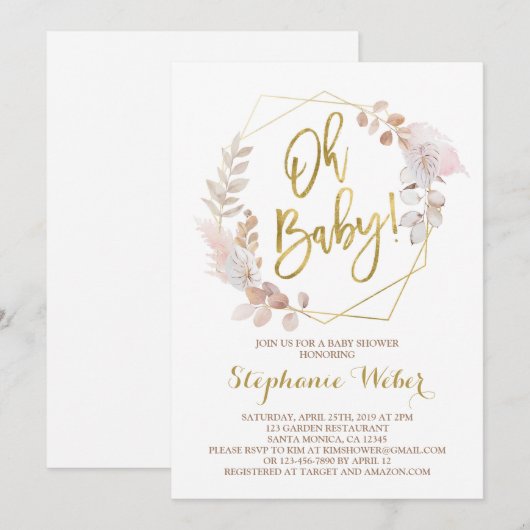 Invitation Oh Baby rougit et baby shower or (Devant / Derrière)