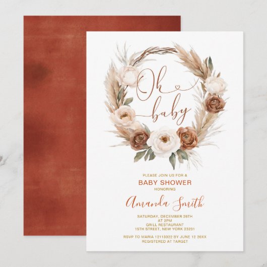 Invitation Oh Baby Rustic Terracota Orange Floral Baby shower (Devant / Derrière)