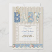 Invitation Oh Baby Rustic Wood dentelle bleu ivoire garçon (Devant)