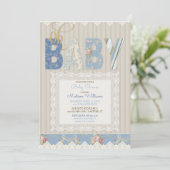 Invitation Oh Baby Rustic Wood dentelle bleu ivoire garçon (Debout devant)
