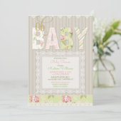 Invitation Oh Baby Rustic Wood dentelle rose verte fille (Debout devant)