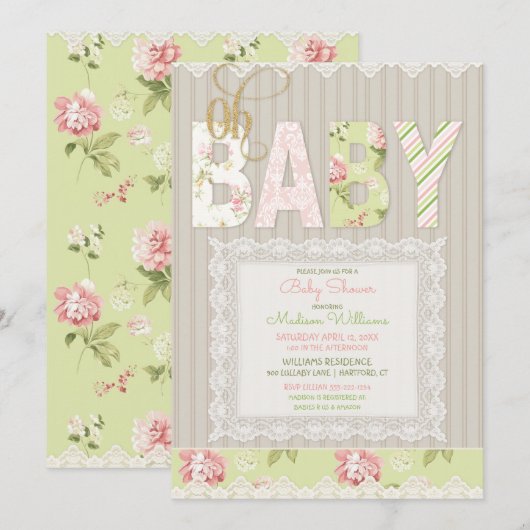 Invitation Oh Baby Rustic Wood dentelle rose verte fille (Devant / Derrière)
