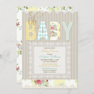 Invitation Oh Baby Rustic Wood Lace Jaune neutre Jaune