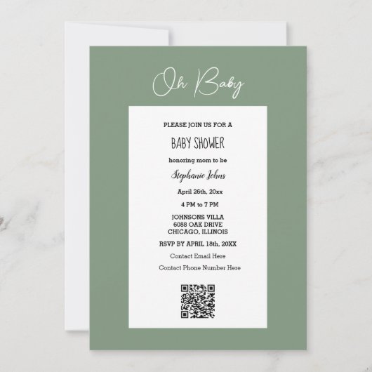 Invitation Oh Baby Sage Baby shower vert QR Code Script (Devant)
