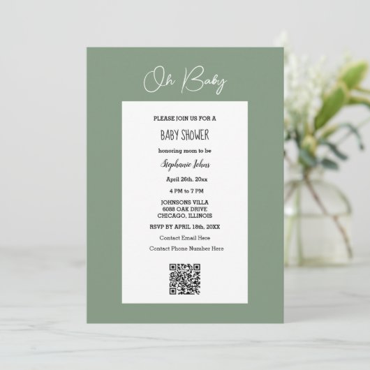 Invitation Oh Baby Sage Baby shower vert QR Code Script (Debout devant)
