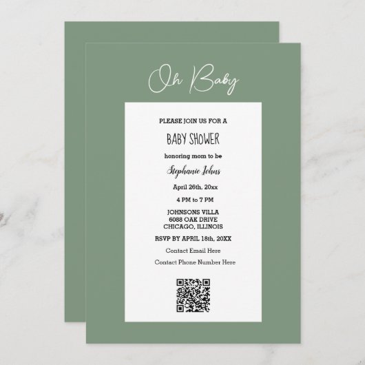 Invitation Oh Baby Sage Baby shower vert QR Code Script (Devant / Derrière)