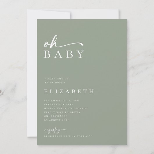 Invitation Oh Baby Sage Green Baby shower de script minimalis (Devant)
