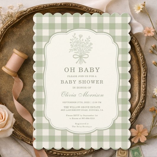 Invitation Oh Baby Sage Green Gingham Baby Shower