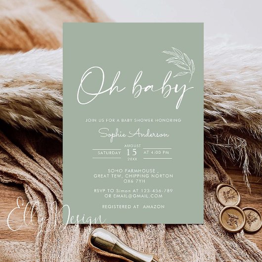 Invitation Oh Baby Sage Vert Baby shower moderne