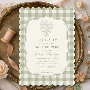 Invitation Oh Baby Sage Vert Gingham Baby Shower