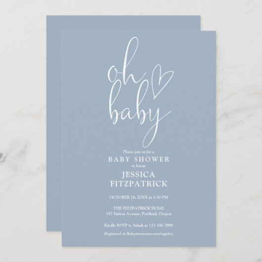 Invitation Oh Baby Script Dusty Blue Boy Baby shower (Devant / Derrière)