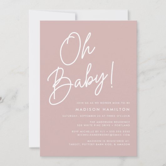 Invitation Oh Baby Script Dusty Rose Baby shower photo (Devant)
