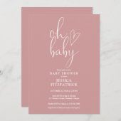 Invitation Oh Baby Script Dusty Rose rose Baby shower fille (Devant / Derrière)