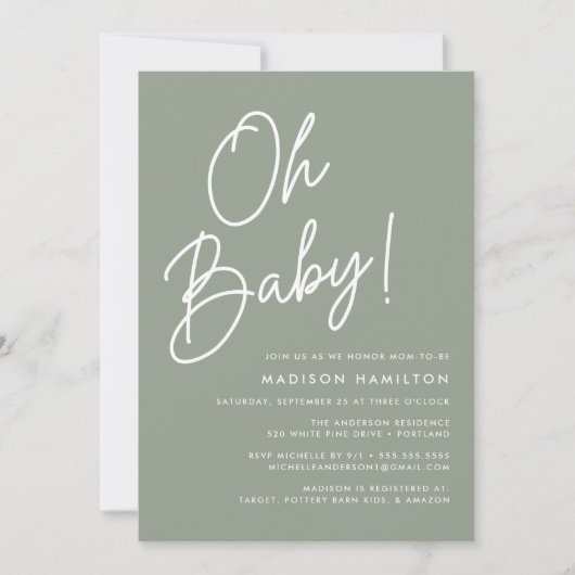 Invitation Oh Baby Script Sage Baby shower photo vert (Devant)