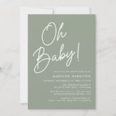Invitation Oh Baby Script Vert Sauge Fête Minimale de Bébé (Devant)