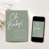 Invitation Oh Baby Script Vert Sauge Fête Minimale de Bébé