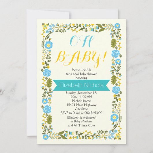 Invitation Oh Baby shower aqua et bordure fleurie jaune (Devant)