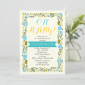 Invitation Oh Baby shower aqua et bordure fleurie jaune (Debout devant)