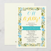 Invitation Oh Baby shower aqua et bordure fleurie jaune (Devant / Derrière)