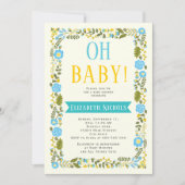 Invitation Oh Baby shower aqua et bordure fleurie jaune (Devant)