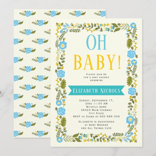 Invitation Oh Baby shower aqua et bordure fleurie jaune (Devant / Derrière)
