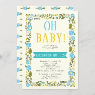 Invitation Oh Baby shower aqua et bordure fleurie jaune