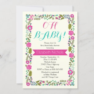 Invitation Oh Baby shower aqua et frontière florale rose