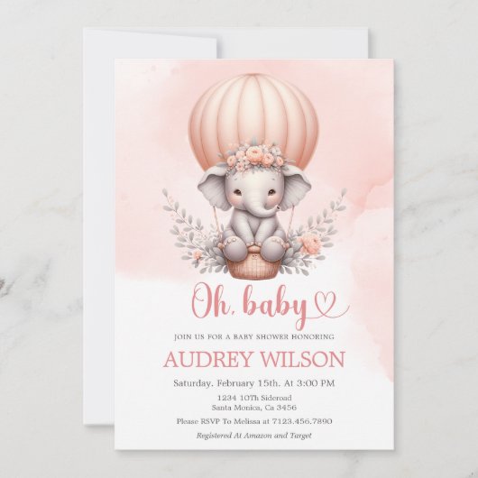Invitation Oh, Baby shower bébé éléphant (Devant)