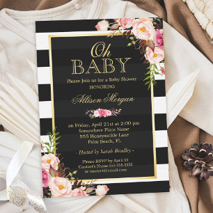 Invitation Oh Baby shower Black Gold Vintage Floral Décor