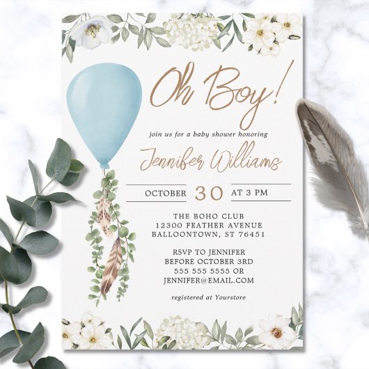 Invitation Oh Baby shower Bleu Bleu Ballons Eucalyptus Fleurs