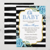 Invitation Oh Baby shower Bleu Floral Or Bleu Bleu Blancs Noi (Devant / Derrière)