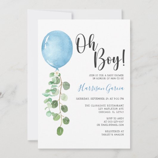 Invitation Oh Baby shower Bleu Garçon (Devant)