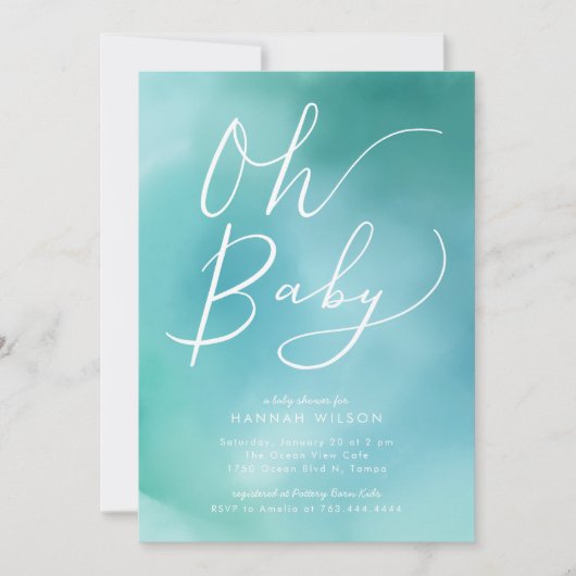 Invitation Oh baby shower bleu turquoise moderne d'aquarelle (Devant)