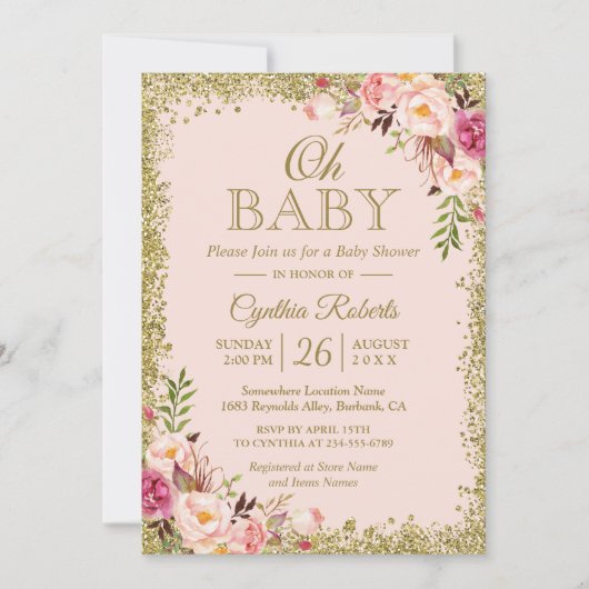 Invitation Oh Baby shower - Blush Pink Gold Parties scintilla (Devant)