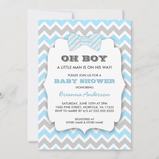 Invitation OH baby shower Bowtie GARY / chevron gris bleu (Devant)