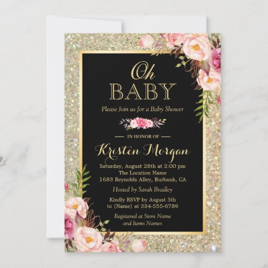 Invitation Oh Baby shower brillant Parties scintillant or éti (Devant)