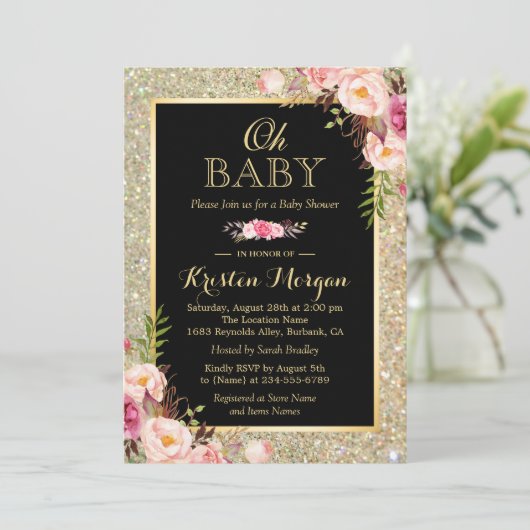 Invitation Oh Baby shower brillant Parties scintillant or éti (Debout devant)