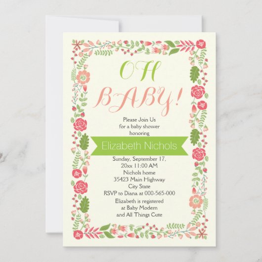 Invitation Oh Baby shower corail rose belle frontière florale (Devant)