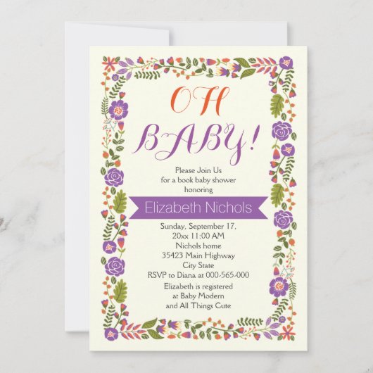 Invitation Oh Baby shower couleur violet et orange (Devant)