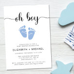 Invitation Oh Baby shower des garçons couples<br><div class="desc">Jolie invitation à la douche garçon de couple simple avec "oh garçon" dans un script élégant avec des swashes et une aquarelle bleu pastel de pieds bébé. En dessous,  vous pouvez facilement personnaliser les détails de la douche.</div>