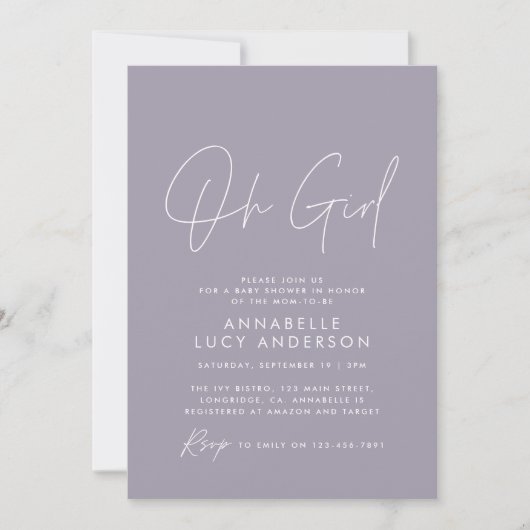 Invitation oh baby shower fille script bébé violet élégant (Devant)