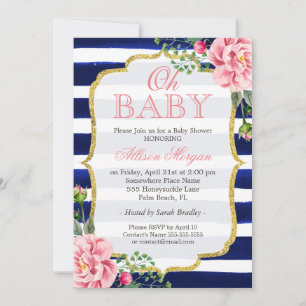 Invitation Oh Baby shower Floral Or Marine Bleu Stripes