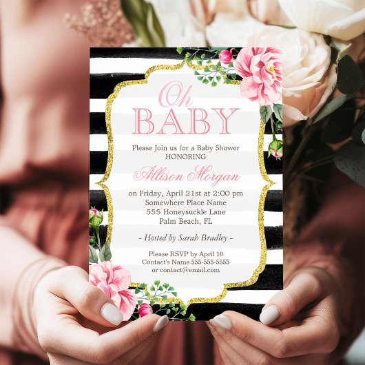 Invitation Oh Baby shower Floral Or Noir Blancs