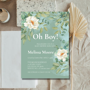 Invitation Oh Baby shower Garçon Argent Sage Eucalyptus Fleur