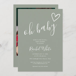 Invitation Oh Baby shower Heart Sage Green Neutral Photo